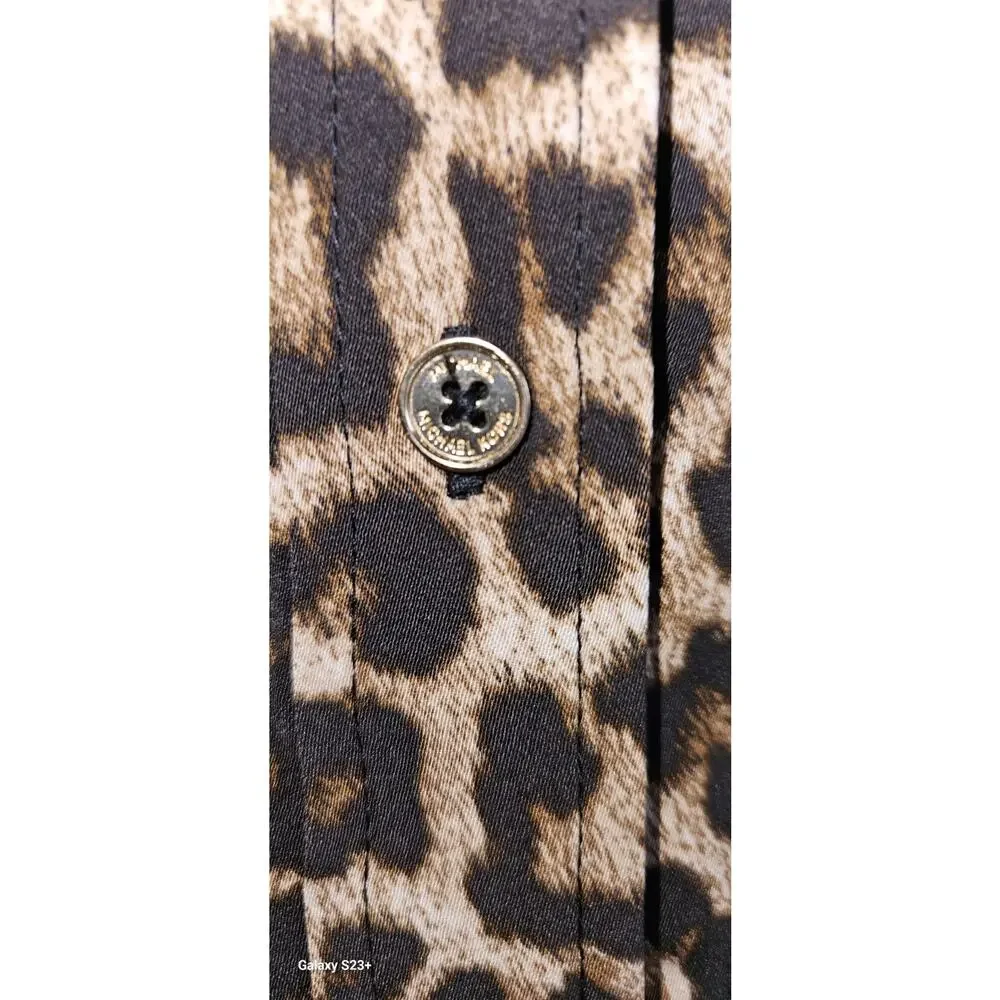 Michael Kors Women's Dark Camel Leopard Print Long Sleeve Tunic Blouse Top L NWT